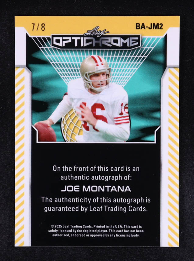 Joe Montana 2025 Leaf OptiChrome Autographs Pink Lava #BAJM2 #7/8 at PristineAuction.com Joe Montana 2025 Leaf OptiChrome Autographs Pink Lava #BAJM2 #7/8 at PristineAuction.com