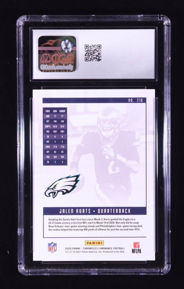 Jalen Hurts 2020 Panini Luminance #210 RC / CHRONICLES (CGC 10) at PristineAuction.com Jalen Hurts 2020 Panini Luminance #210 RC / CHRONICLES (CGC 10) at PristineAuction.com