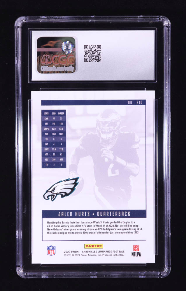 Jalen Hurts 2020 Panini Luminance #210 RC / CHRONICLES (CGC 10) at PristineAuction.com Jalen Hurts 2020 Panini Luminance #210 RC / CHRONICLES (CGC 10) at PristineAuction.com
