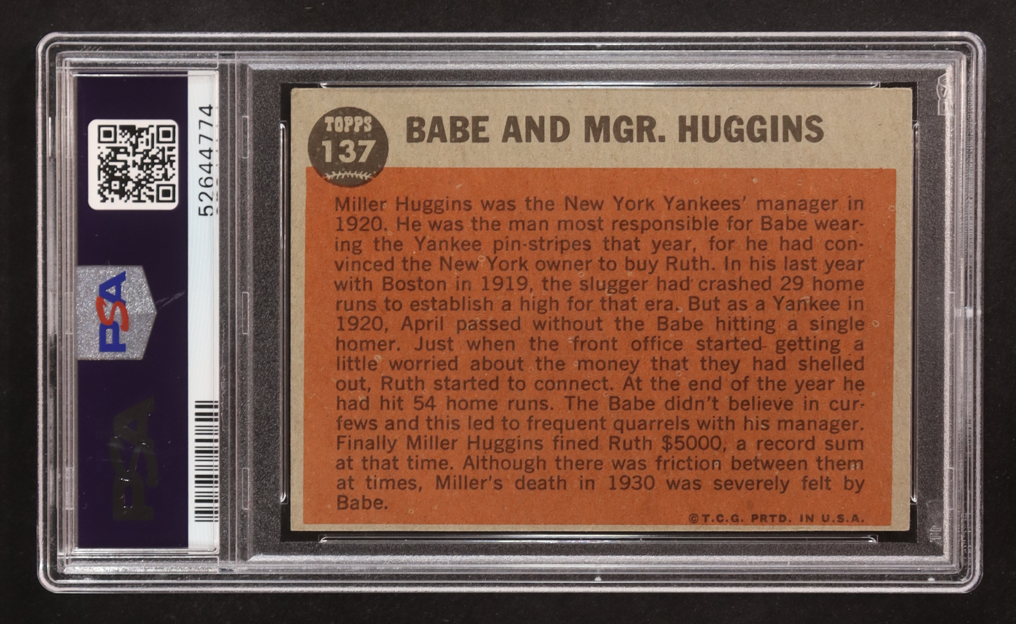 Babe with Mgr. Huggins 1962 Topps #137A Babe Ruth Special 3 / Green Tint (PSA 4) at PristineAuction.com Babe with Mgr. Huggins 1962 Topps #137A Babe Ruth Special 3 / Green Tint (PSA 4) at PristineAuction.com