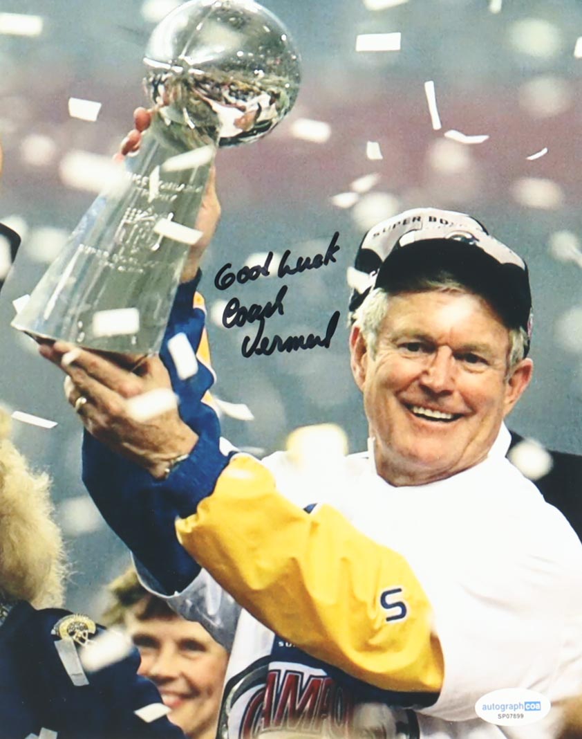 Dick Vermeil Signed Rams 8x10 Photo Inscribed "Good Luck" & "Coach" (ACOA) at PristineAuction.com Dick Vermeil Signed Rams 8x10 Photo Inscribed "Good Luck" & "Coach" (ACOA) at PristineAuction.com