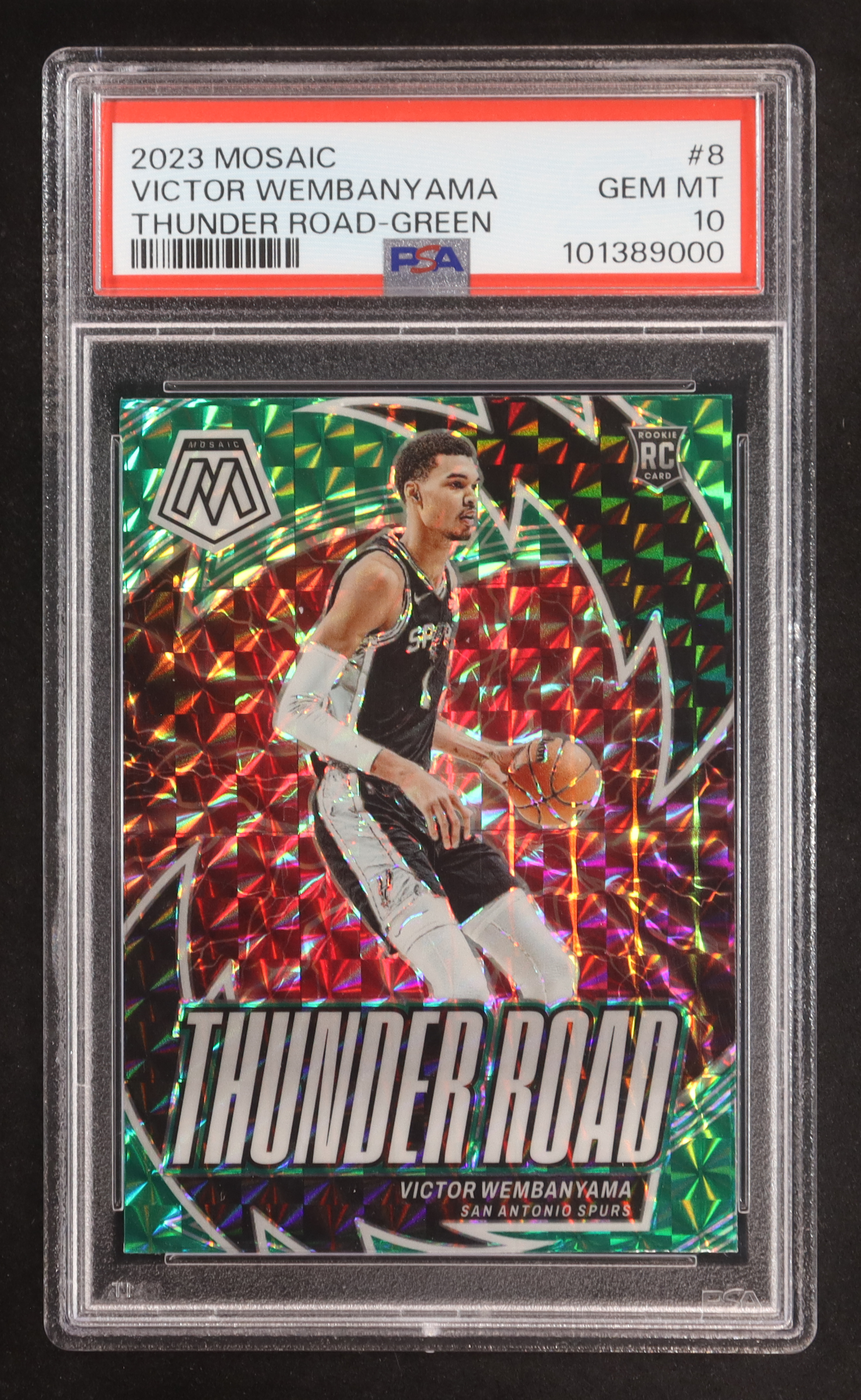 Victor Wembanyama 2023-24 Panini Mosaic Thunder Road Mosaic Green #8 RC (PSA 10) at PristineAuction.com Victor Wembanyama 2023-24 Panini Mosaic Thunder Road Mosaic Green #8 RC (PSA 10) at PristineAuction.com