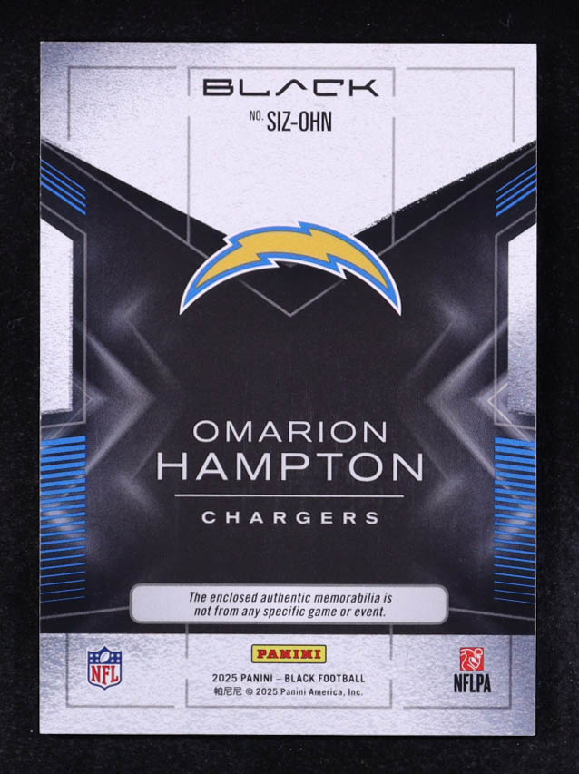 Omarion Hampton 2025 Panini Black Sizeable Rookie Memorabilia #19 #096/199 RC at PristineAuction.com Omarion Hampton 2025 Panini Black Sizeable Rookie Memorabilia #19 #096/199 RC at PristineAuction.com