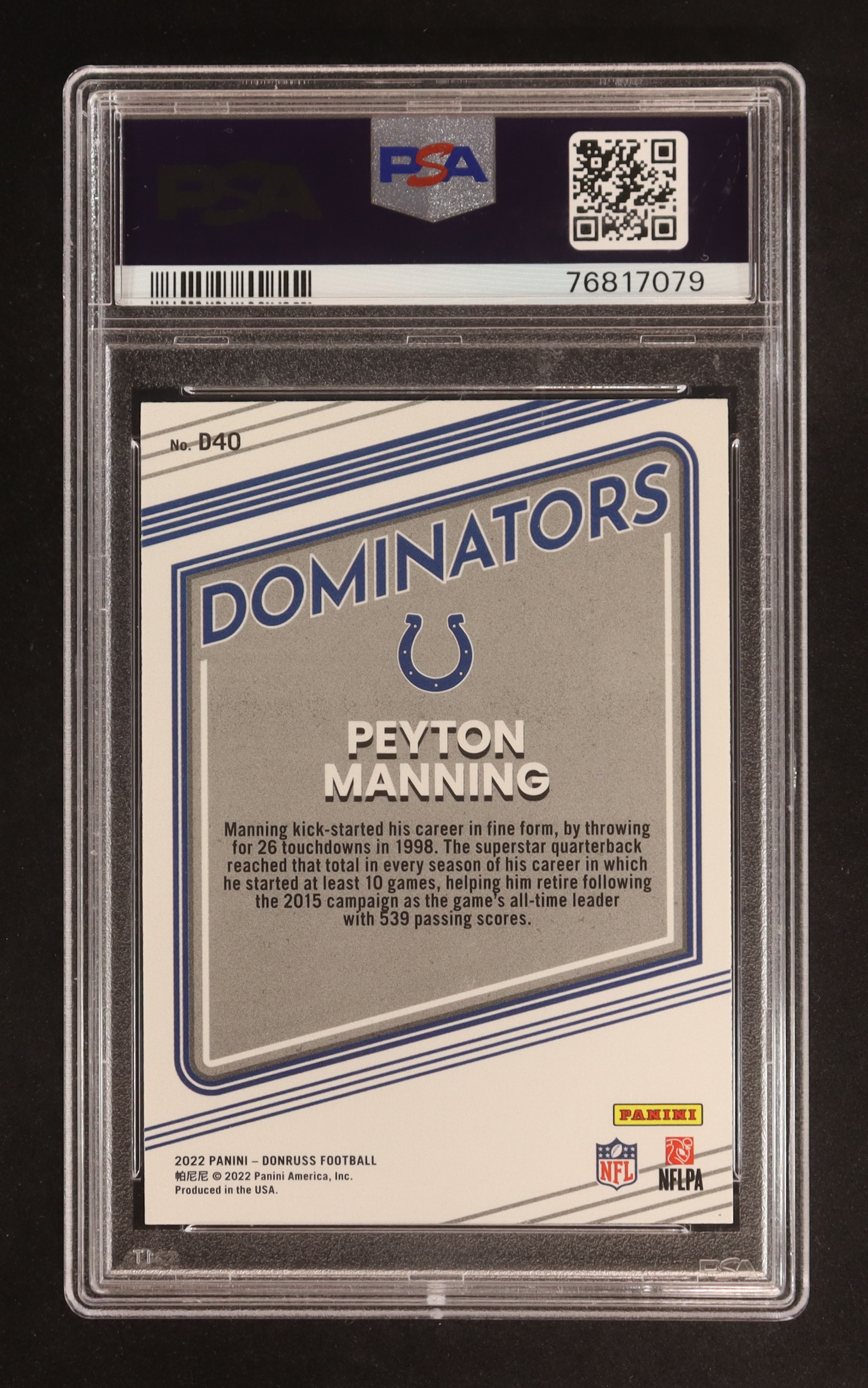 Peyton Manning 2022 Donruss Dominators #40 (PSA 10) at PristineAuction.com Peyton Manning 2022 Donruss Dominators #40 (PSA 10) at PristineAuction.com