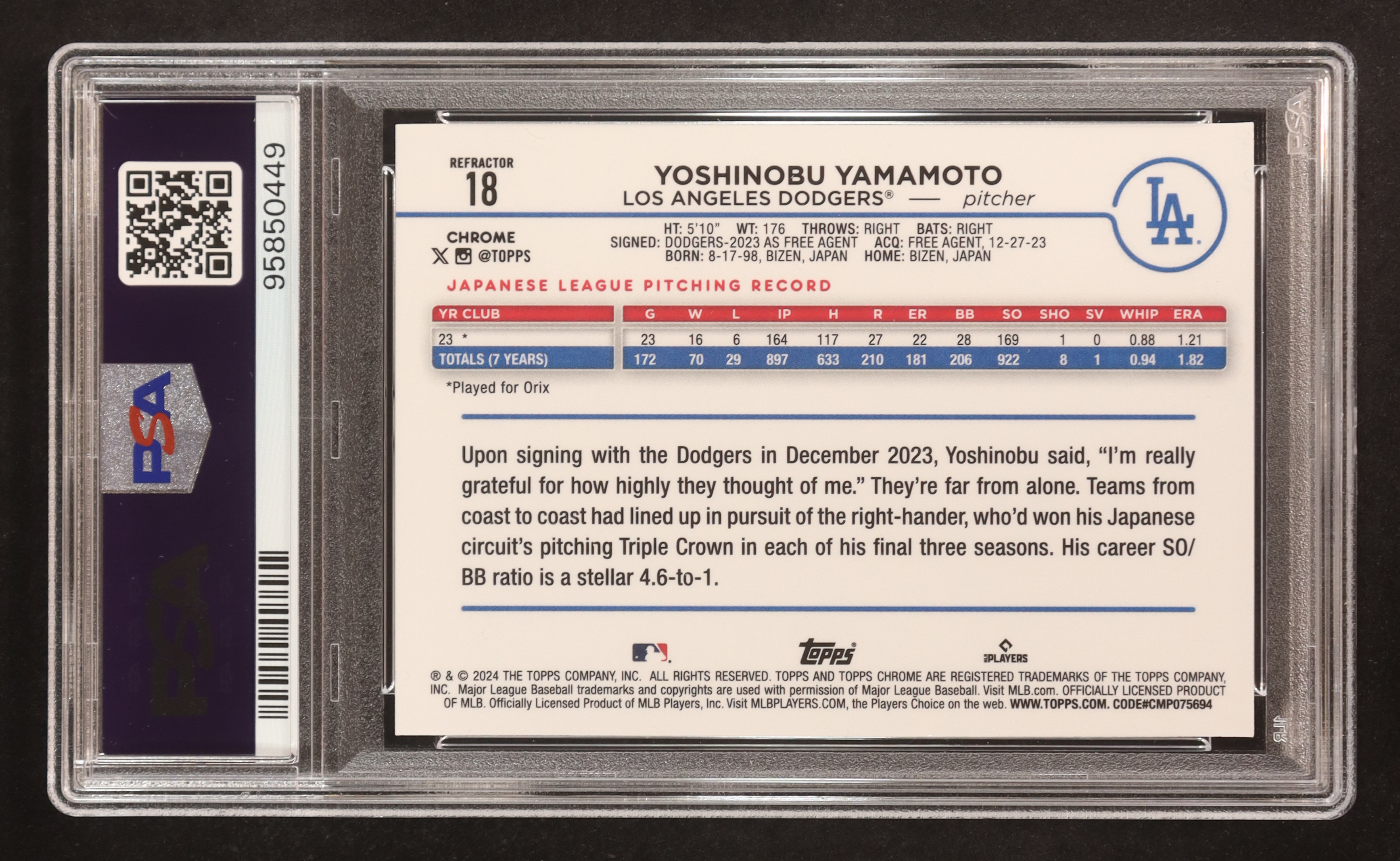 Yoshinobu Yamamoto 2024 Topps Chrome Refractors #18 RC (PSA 9) at PristineAuction.com Yoshinobu Yamamoto 2024 Topps Chrome Refractors #18 RC (PSA 9) at PristineAuction.com