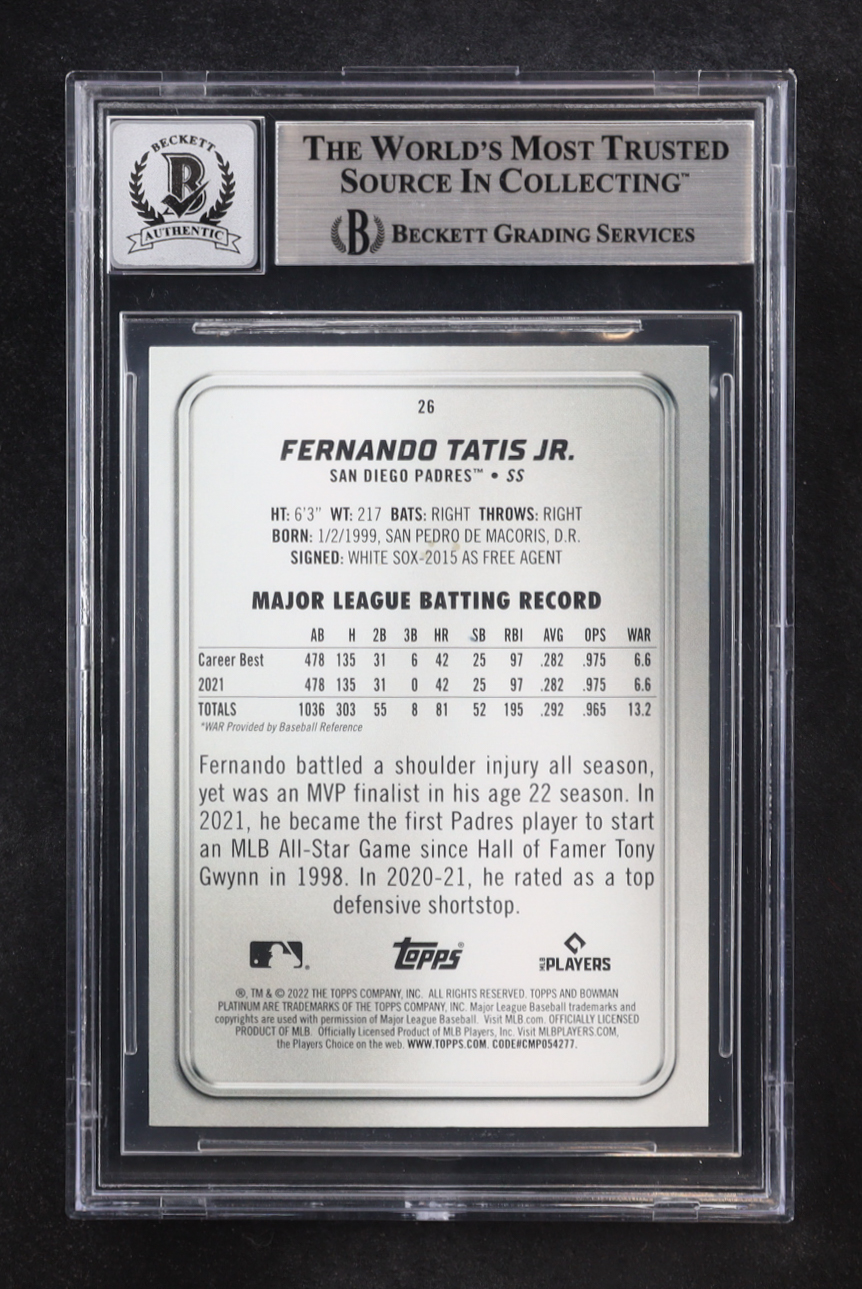 Fernando Tatis Jr. Signed 2022 Bowman Platinum #26 (BGS | Auto 10) at PristineAuction.com Fernando Tatis Jr. Signed 2022 Bowman Platinum #26 (BGS | Auto 10) at PristineAuction.com