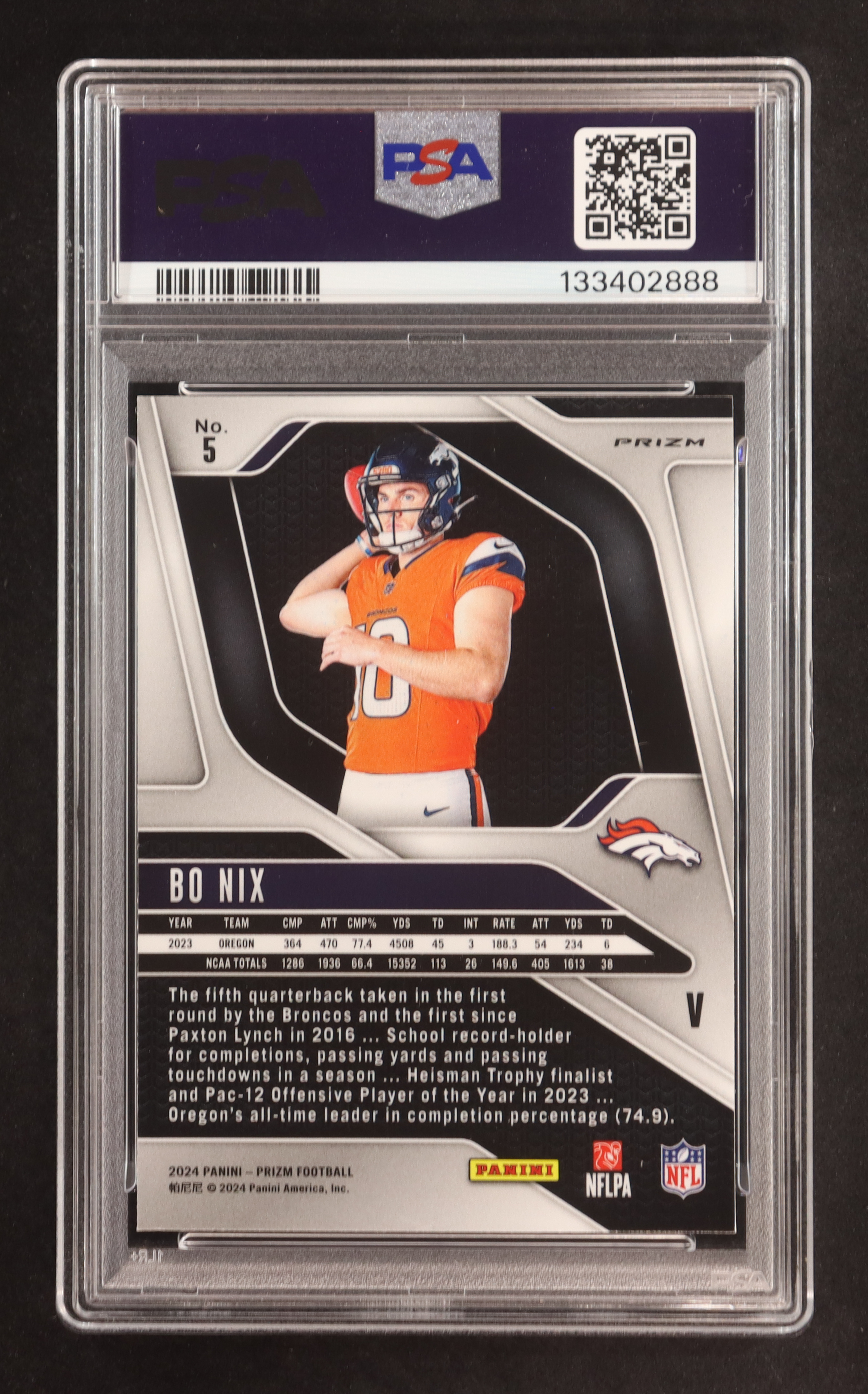 Bo Nix 2024 Panini Prizm Rookie Variations Prizms Silver #5 RC (PSA 9) at PristineAuction.com Bo Nix 2024 Panini Prizm Rookie Variations Prizms Silver #5 RC (PSA 9) at PristineAuction.com