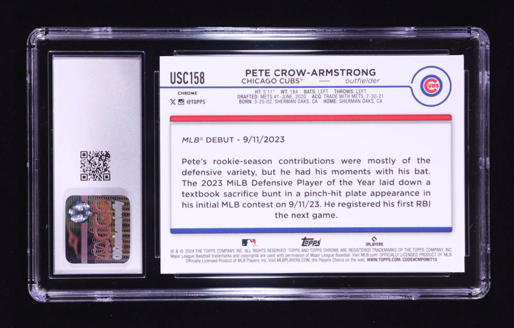 Pete Crow-Armstrong 2024 Topps Chrome Update #USC158 RC (CGC 10) at PristineAuction.com Pete Crow-Armstrong 2024 Topps Chrome Update #USC158 RC (CGC 10) at PristineAuction.com