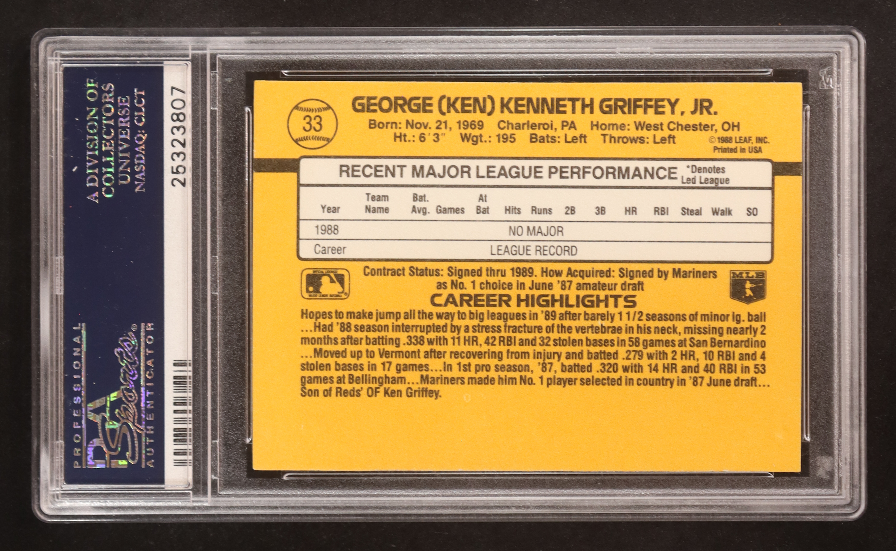 Ken Griffey Jr. 1989 Donruss #33 RR RC (PSA 9) at PristineAuction.com Ken Griffey Jr. 1989 Donruss #33 RR RC (PSA 9) at PristineAuction.com