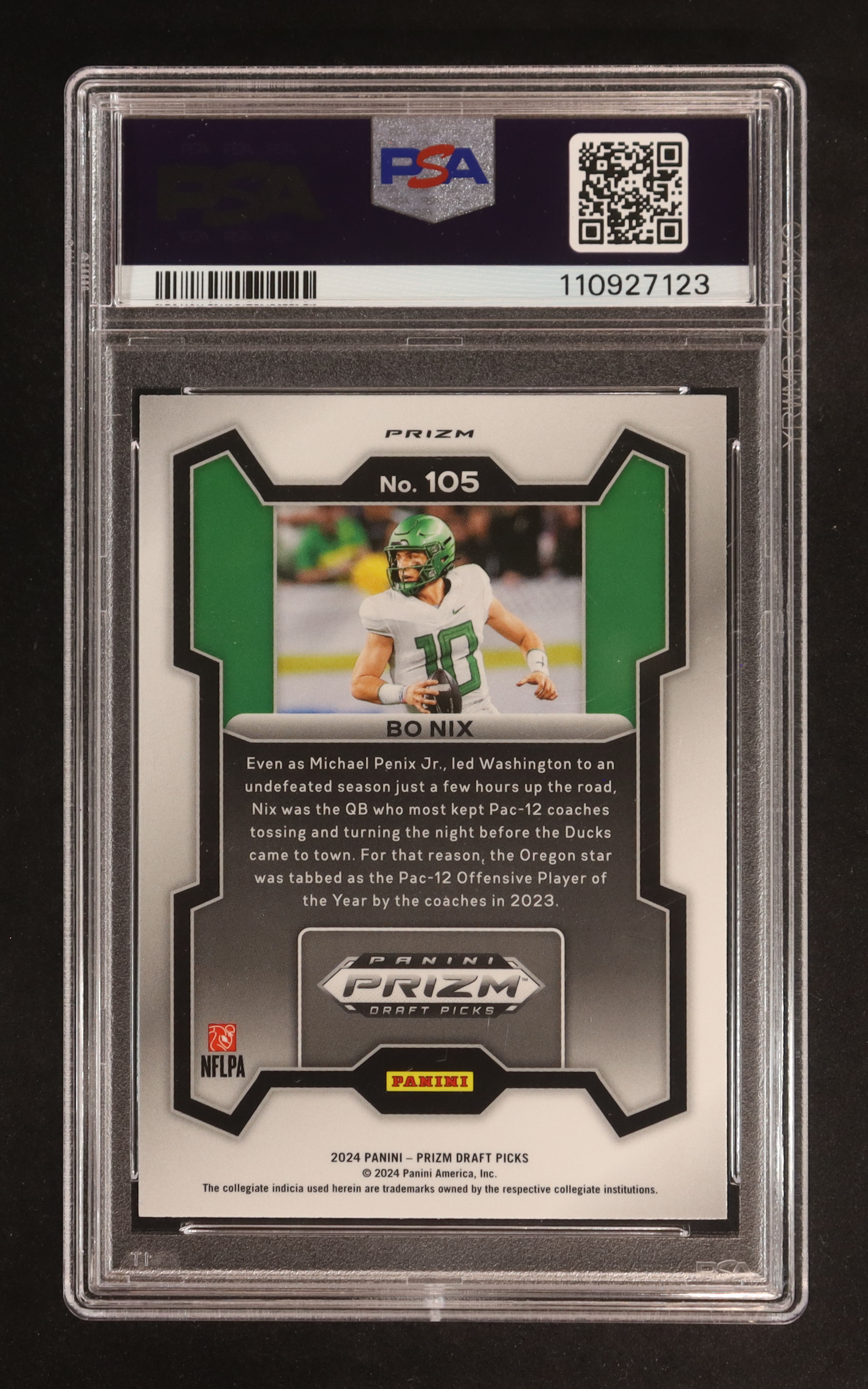 Bo Nix 2024 Panini Prizm Draft Picks Prizms Purple Wave #105 RC (PSA 9) at PristineAuction.com Bo Nix 2024 Panini Prizm Draft Picks Prizms Purple Wave #105 RC (PSA 9) at PristineAuction.com