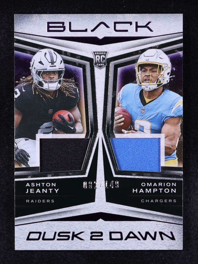 Omarion Hampton / Ashton Jeanty 2025 Panini Black Dusk 2 Dawn Jerseys Royal #6 #082/149 RC at PristineAuction.com Omarion Hampton / Ashton Jeanty 2025 Panini Black Dusk 2 Dawn Jerseys Royal #6 #082/149 RC at PristineAuction.com