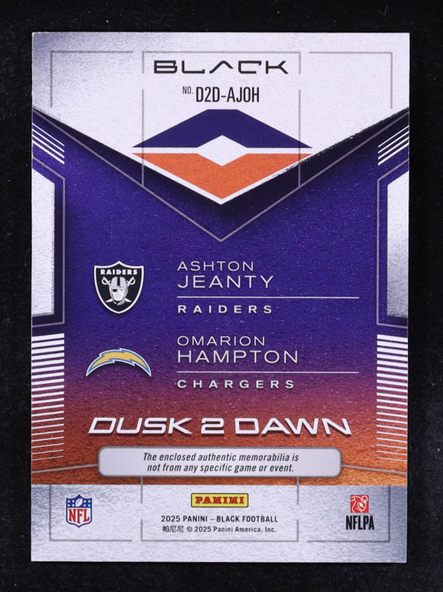 Omarion Hampton / Ashton Jeanty 2025 Panini Black Dusk 2 Dawn Jerseys Royal #6 #082/149 RC at PristineAuction.com Omarion Hampton / Ashton Jeanty 2025 Panini Black Dusk 2 Dawn Jerseys Royal #6 #082/149 RC at PristineAuction.com
