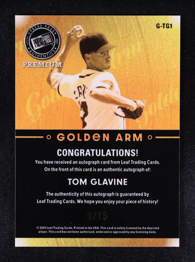 Tom Glavine 2024 Press Pass Premium Golden Arm Autographs Prism Silver #GTG1 #09/15 at PristineAuction.com Tom Glavine 2024 Press Pass Premium Golden Arm Autographs Prism Silver #GTG1 #09/15 at PristineAuction.com