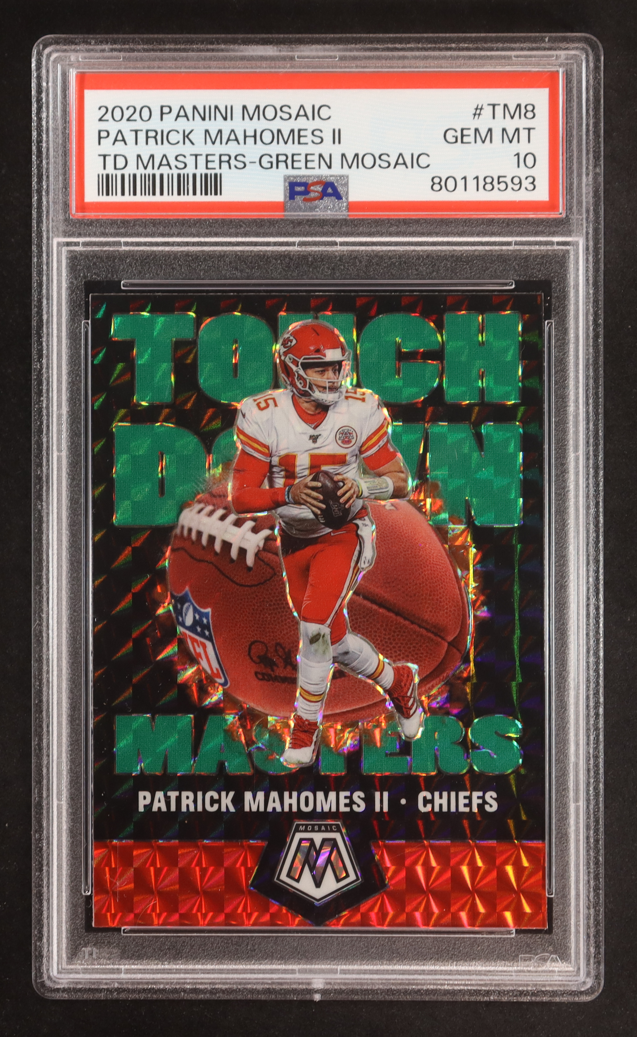 Patrick Mahomes II 2020 Panini Mosaic Touchdown Masters Mosaic Green #8 (PSA 10) at PristineAuction.com Patrick Mahomes II 2020 Panini Mosaic Touchdown Masters Mosaic Green #8 (PSA 10) at PristineAuction.com