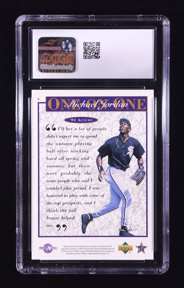Michael Jordan 1995 Upper Deck Minors Michael Jordan One On One #9 / '94 Autumn (CGC 9) at PristineAuction.com Michael Jordan 1995 Upper Deck Minors Michael Jordan One On One #9 / '94 Autumn (CGC 9) at PristineAuction.com