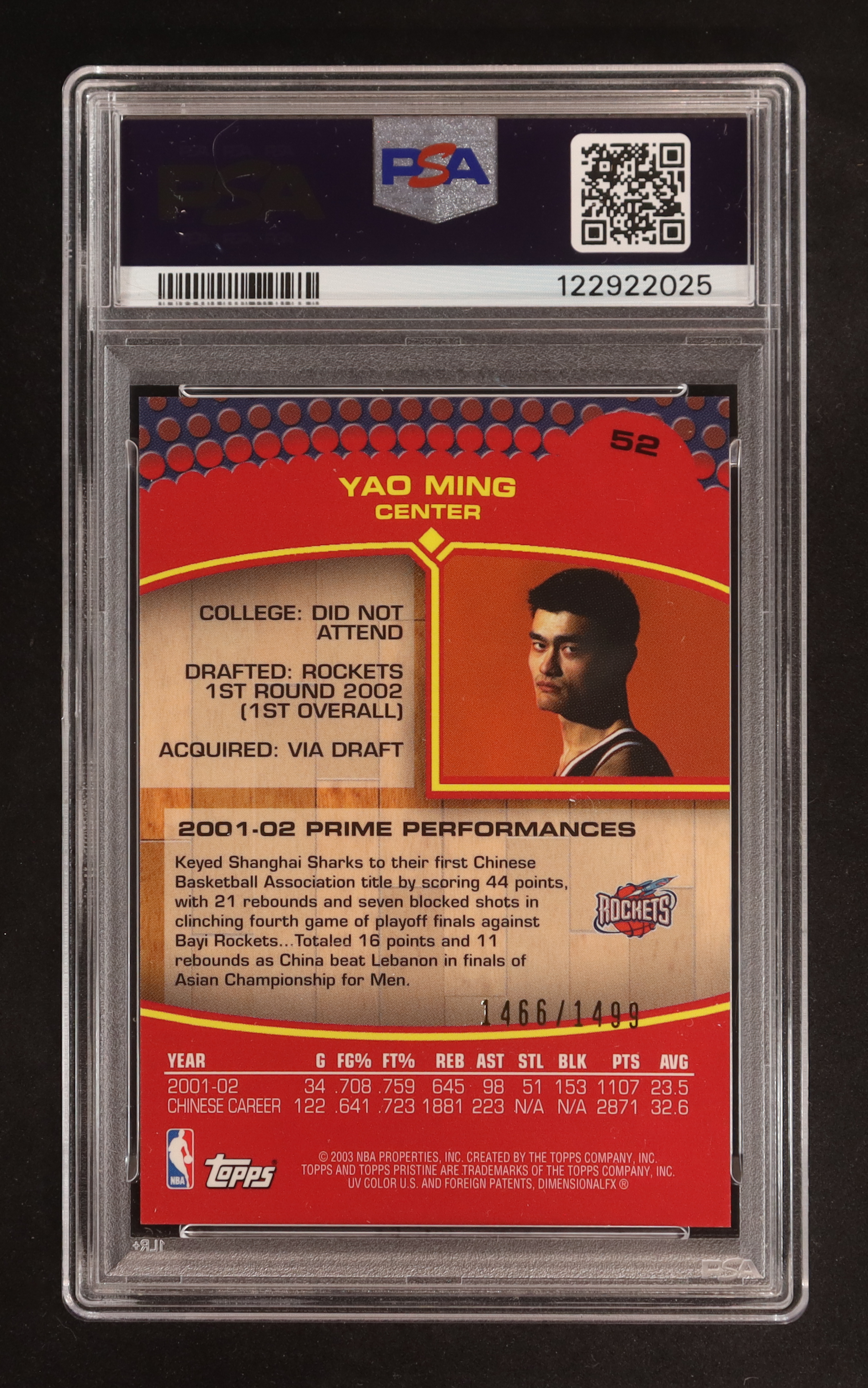 Yao Ming 2002-03 Topps Pristine #52 RC #1466/1499 (PSA 9) at PristineAuction.com Yao Ming 2002-03 Topps Pristine #52 RC #1466/1499 (PSA 9) at PristineAuction.com