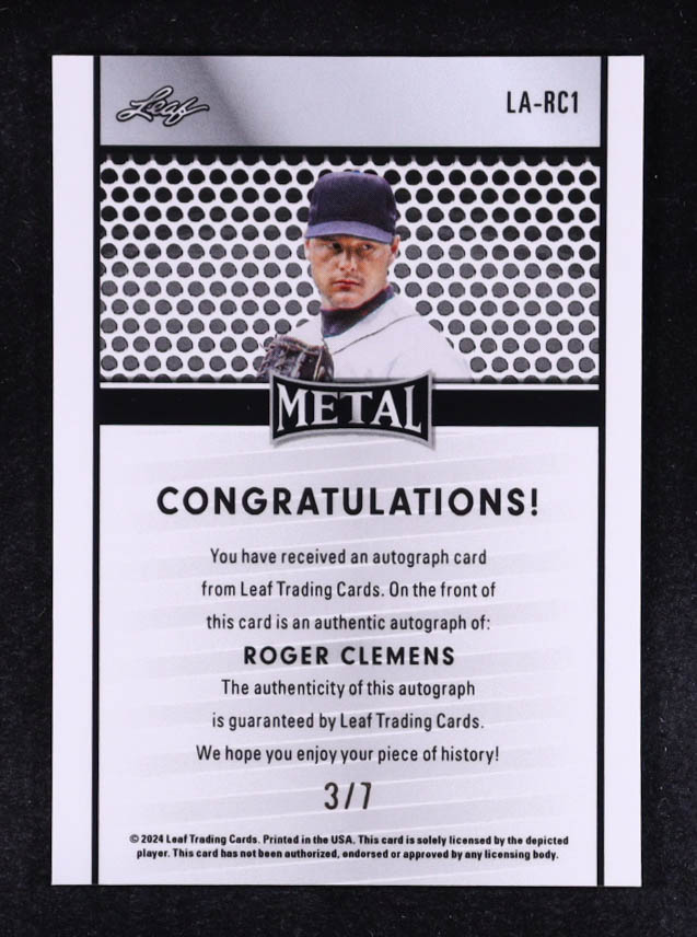 Roger Clemens 2024 Leaf Collective Leaf Autographs Shimmer Purple #LARC1 #3/7 at PristineAuction.com Roger Clemens 2024 Leaf Collective Leaf Autographs Shimmer Purple #LARC1 #3/7 at PristineAuction.com
