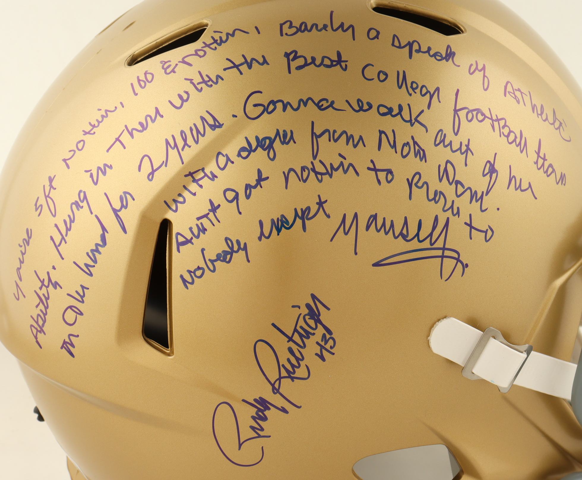 Rudy Ruettiger Signed Notre Dame Fighting Irish Full-Size Speed Helmet with Extensive Inscription (Beckett) at PristineAuction.com Rudy Ruettiger Signed Notre Dame Fighting Irish Full-Size Speed Helmet with Extensive Inscription (Beckett) at PristineAuction.com