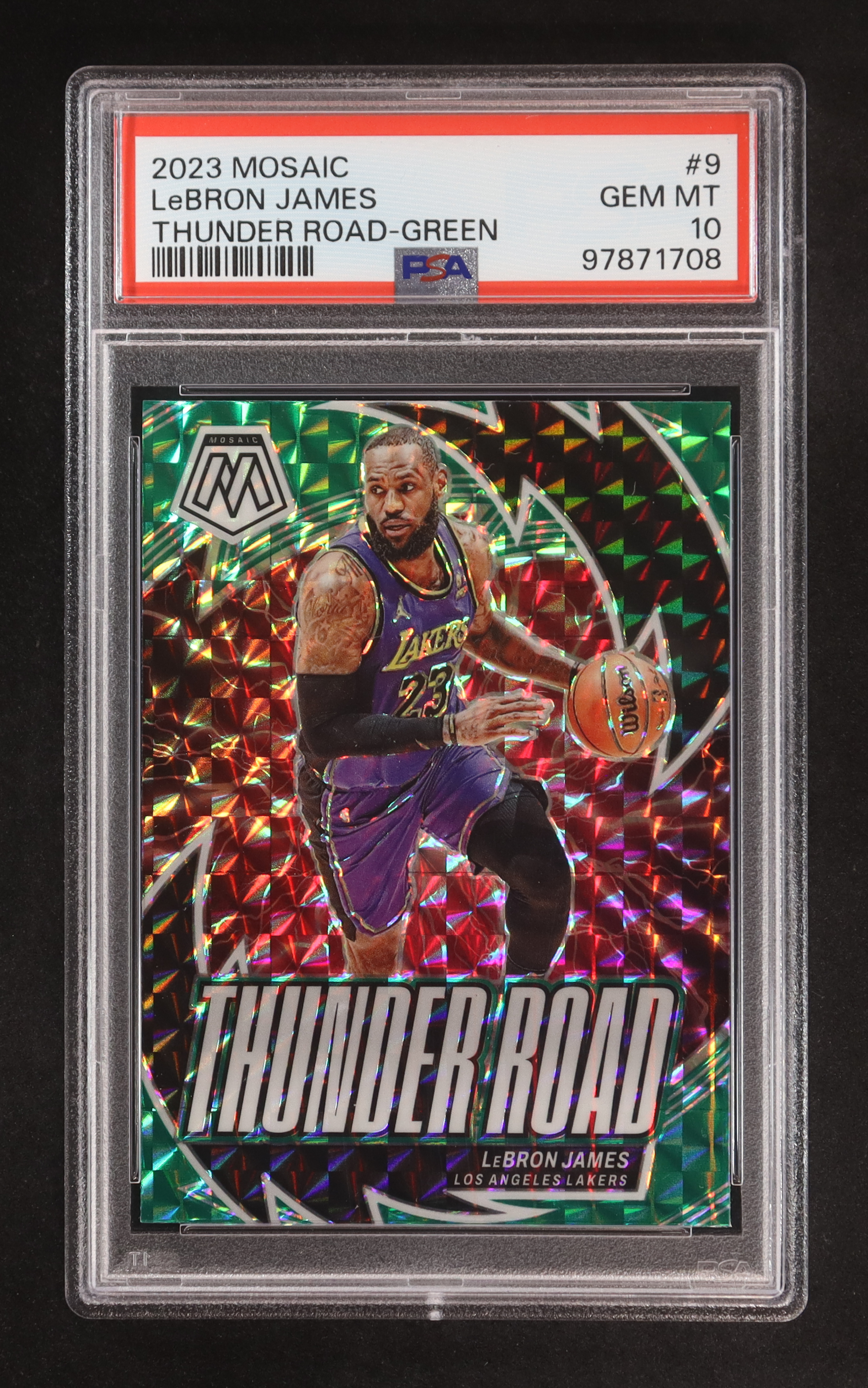 LeBron James 2023-24 Panini Mosaic Thunder Road Mosaic Green #9 (PSA 10) at PristineAuction.com LeBron James 2023-24 Panini Mosaic Thunder Road Mosaic Green #9 (PSA 10) at PristineAuction.com