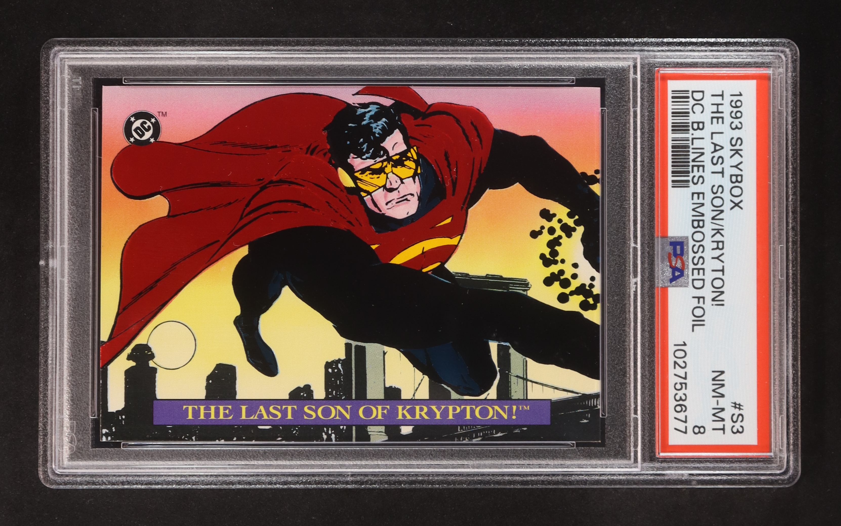 Superman The Lost Son of Krypton 1993 SkyBox DC Bloodlines Embossed Foil #S3 (PSA 8) at PristineAuction.com Superman The Lost Son of Krypton 1993 SkyBox DC Bloodlines Embossed Foil #S3 (PSA 8) at PristineAuction.com