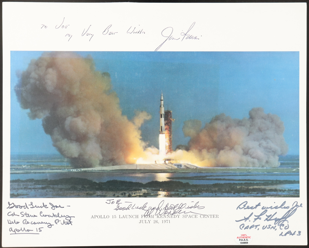 Apollo 15 & Recovery Crew 8x10 Photo Signed by Jim Irwin, Alfred Worden, Steve Coakley & Andrew F. Huff with Multiple Inscriptions (Beckett) at PristineAuction.com Apollo 15 & Recovery Crew 8x10 Photo Signed by Jim Irwin, Alfred Worden, Steve Coakley & Andrew F. Huff with Multiple Inscriptions (Beckett) at PristineAuction.com