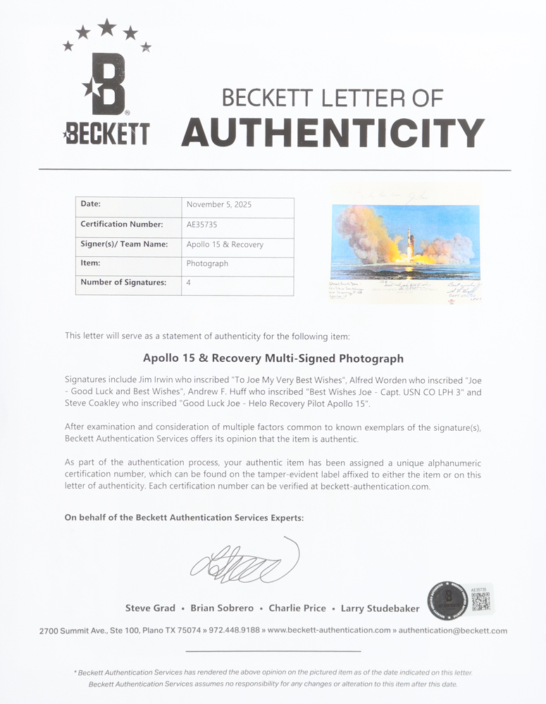 Apollo 15 & Recovery Crew 8x10 Photo Signed by Jim Irwin, Alfred Worden, Steve Coakley & Andrew F. Huff with Multiple Inscriptions (Beckett) at PristineAuction.com Apollo 15 & Recovery Crew 8x10 Photo Signed by Jim Irwin, Alfred Worden, Steve Coakley & Andrew F. Huff with Multiple Inscriptions (Beckett) at PristineAuction.com