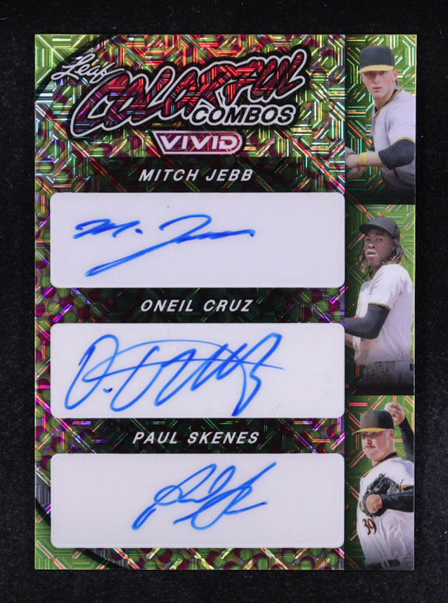 Paul Skenes RC / Mitch Jebb RC / Oneil Cruz / 2024 Leaf Vivid Colorful Combos Triple Autographs Green Mojo #CCT9 #08/10 at PristineAuction.com Paul Skenes RC / Mitch Jebb RC / Oneil Cruz / 2024 Leaf Vivid Colorful Combos Triple Autographs Green Mojo #CCT9 #08/10 at PristineAuction.com
