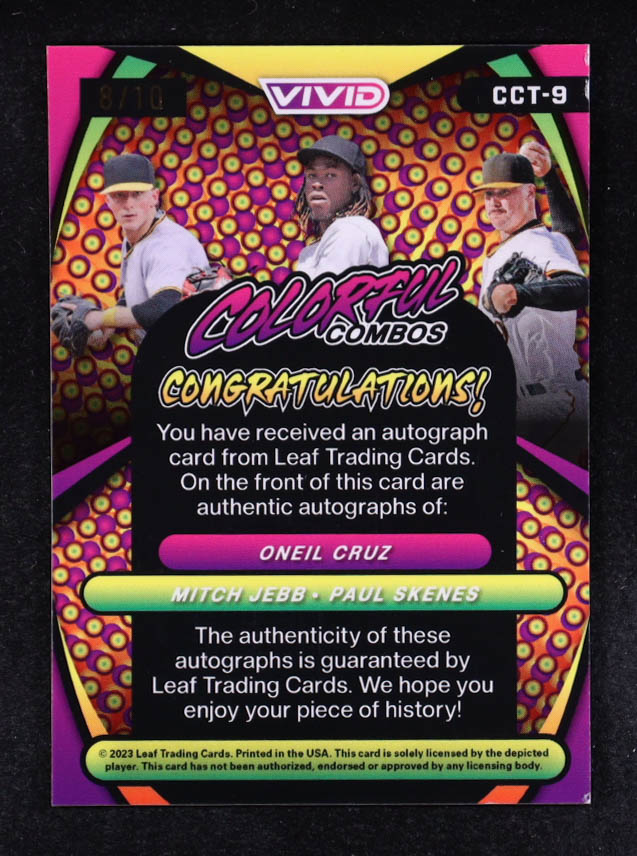 Paul Skenes RC / Mitch Jebb RC / Oneil Cruz / 2024 Leaf Vivid Colorful Combos Triple Autographs Green Mojo #CCT9 #08/10 at PristineAuction.com Paul Skenes RC / Mitch Jebb RC / Oneil Cruz / 2024 Leaf Vivid Colorful Combos Triple Autographs Green Mojo #CCT9 #08/10 at PristineAuction.com