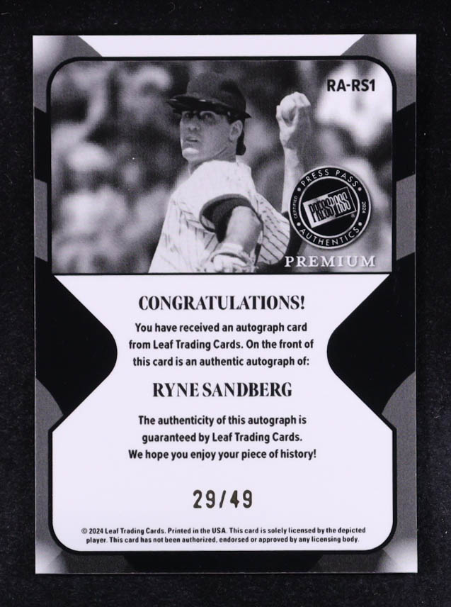 Ryne Sandberg 2024 Press Pass Premium Retro Autographs Silver #RARS1 #29/49 at PristineAuction.com Ryne Sandberg 2024 Press Pass Premium Retro Autographs Silver #RARS1 #29/49 at PristineAuction.com