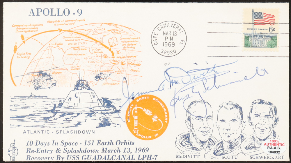 James McDivitt & Rusty Schweickart Signed 1969 Apollo-9 FDC Envelope (Beckett) at PristineAuction.com James McDivitt & Rusty Schweickart Signed 1969 Apollo-9 FDC Envelope (Beckett) at PristineAuction.com