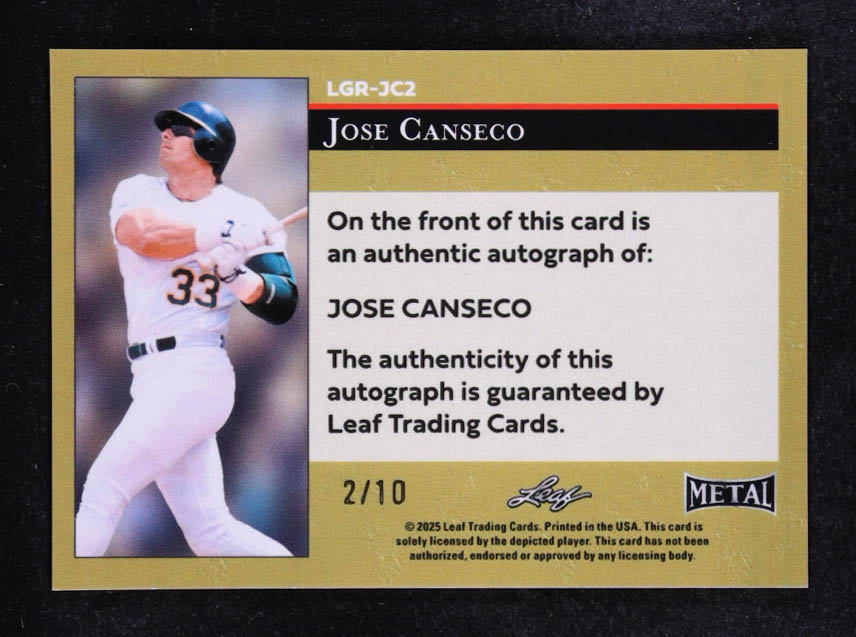 Jose Canseco 2025 Leaf Metal '92 Leaf Gold Leaf Rookies Autographs Pulsar Silver #LGRJC2 #02/10 at PristineAuction.com Jose Canseco 2025 Leaf Metal '92 Leaf Gold Leaf Rookies Autographs Pulsar Silver #LGRJC2 #02/10 at PristineAuction.com