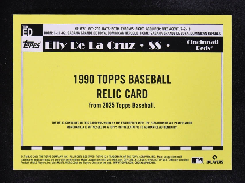 Elly De La Cruz 2025 Topps '90 Topps Relics #T90RED at PristineAuction.com Elly De La Cruz 2025 Topps '90 Topps Relics #T90RED at PristineAuction.com