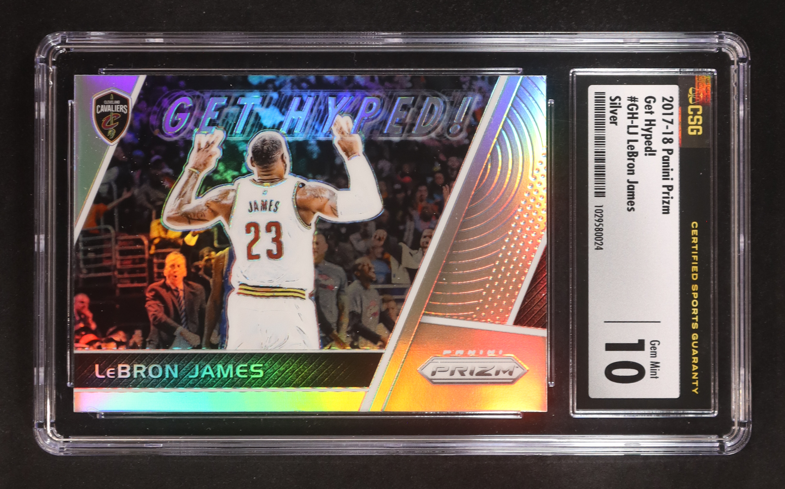 LeBron James 2017-18 Panini Prizm Get Hyped! Prizms Silver #8 (CSG 10) at PristineAuction.com LeBron James 2017-18 Panini Prizm Get Hyped! Prizms Silver #8 (CSG 10) at PristineAuction.com