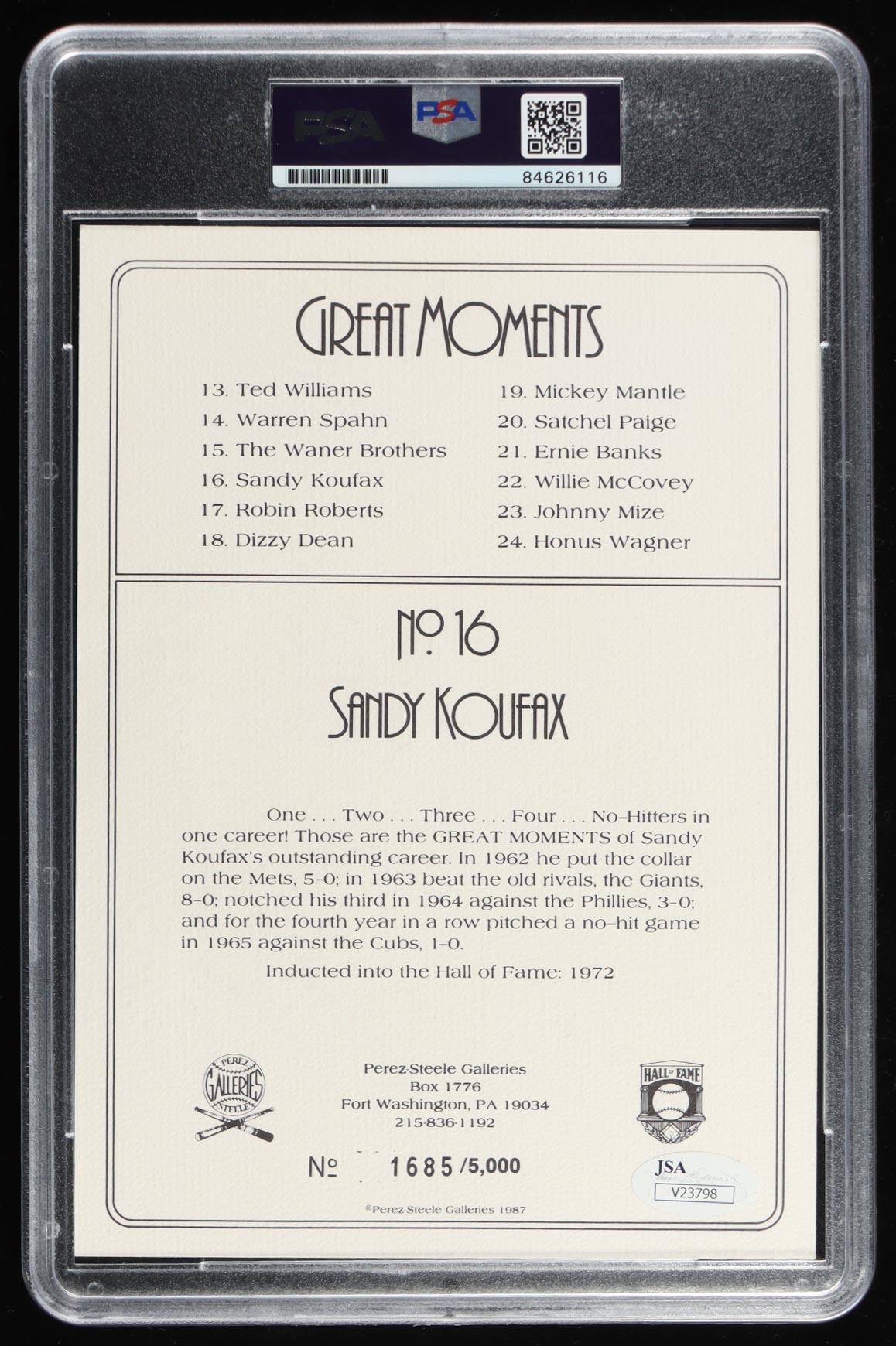 Sandy Koufax Signed LE 1987 Perez-Steele Great Moments Hall OF Fame #16 (PSA & JSA) at PristineAuction.com Sandy Koufax Signed LE 1987 Perez-Steele Great Moments Hall OF Fame #16 (PSA & JSA) at PristineAuction.com