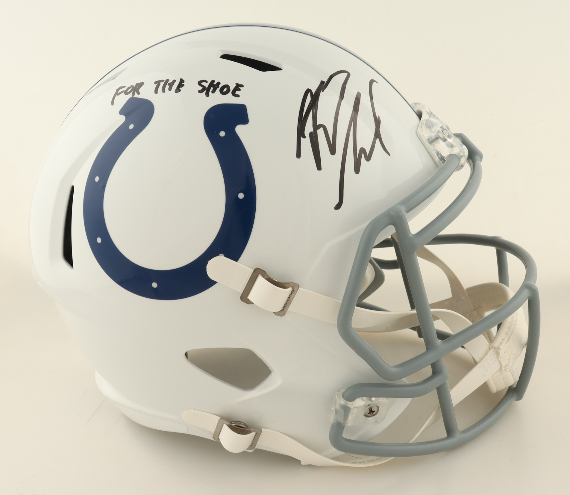 Riley Leonard Signed Colts Full-Size Speed Helmet Inscribed "For The Shoe" (JSA) at PristineAuction.com Riley Leonard Signed Colts Full-Size Speed Helmet Inscribed "For The Shoe" (JSA) at PristineAuction.com