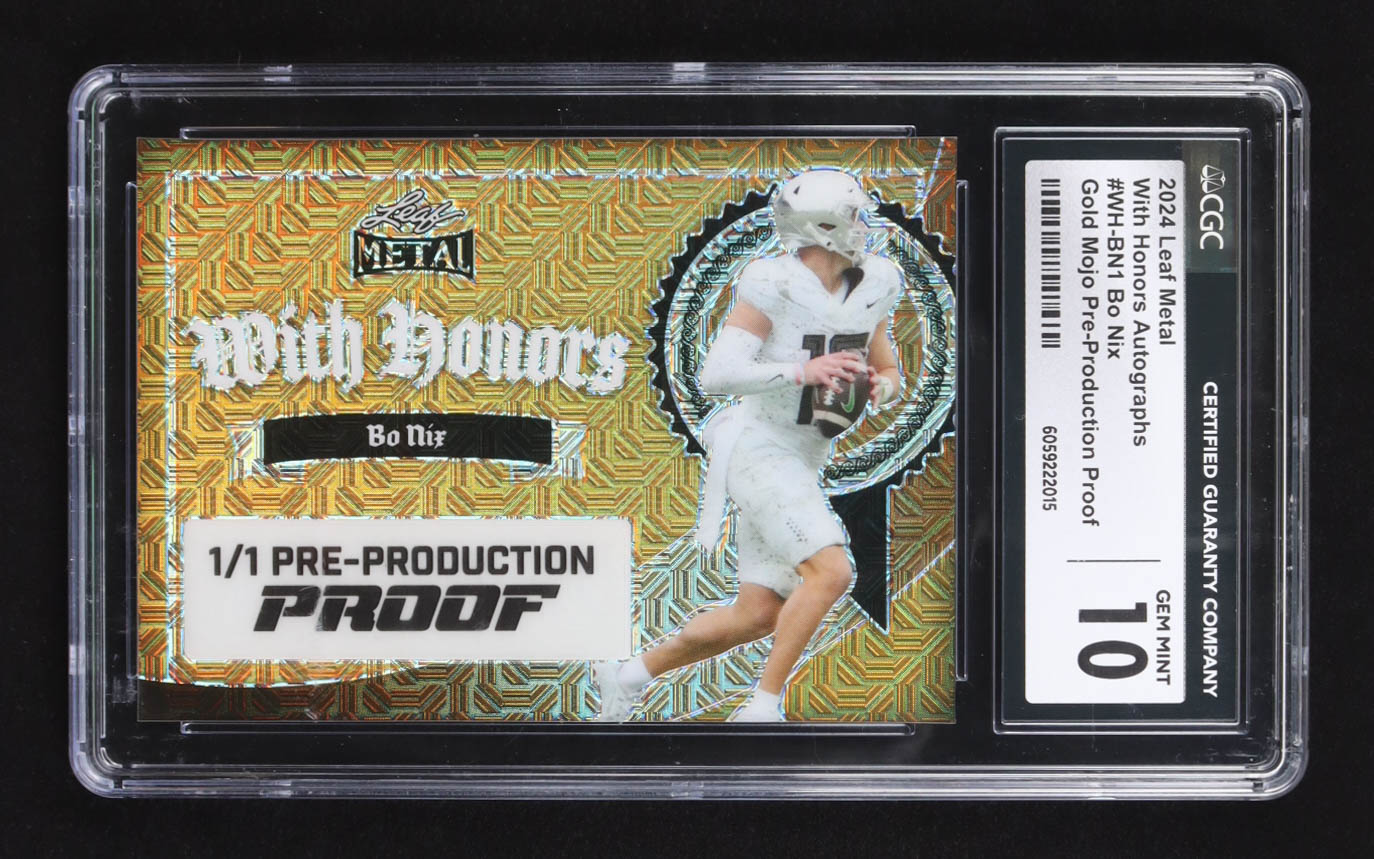 Bo Nix 2024 Leaf Metal With Honors Gold Mojo Pre-Production Proof Autographs #WH-BN1 RC #1/ 1 (CGC 10) at PristineAuction.com Bo Nix 2024 Leaf Metal With Honors Gold Mojo Pre-Production Proof Autographs #WH-BN1 RC #1/ 1 (CGC 10) at PristineAuction.com