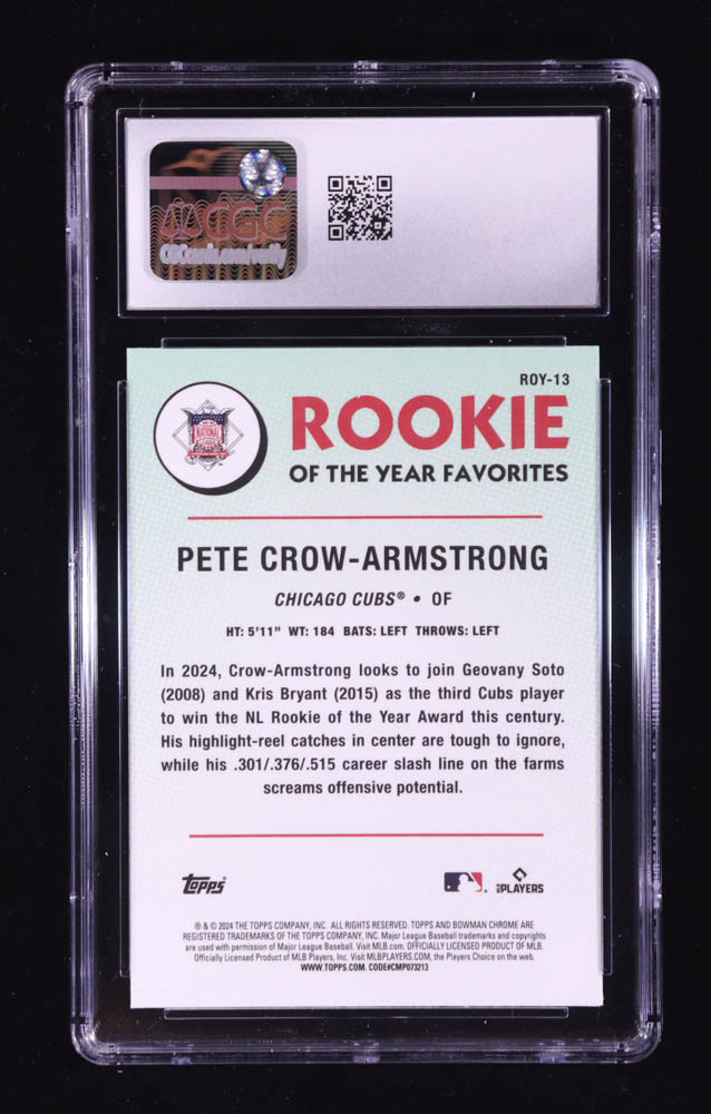 Pete Crow-Armstrong 2024 Bowman Chrome Rookie of the Year Favorites #ROY13 RC (CGC 10) at PristineAuction.com Pete Crow-Armstrong 2024 Bowman Chrome Rookie of the Year Favorites #ROY13 RC (CGC 10) at PristineAuction.com