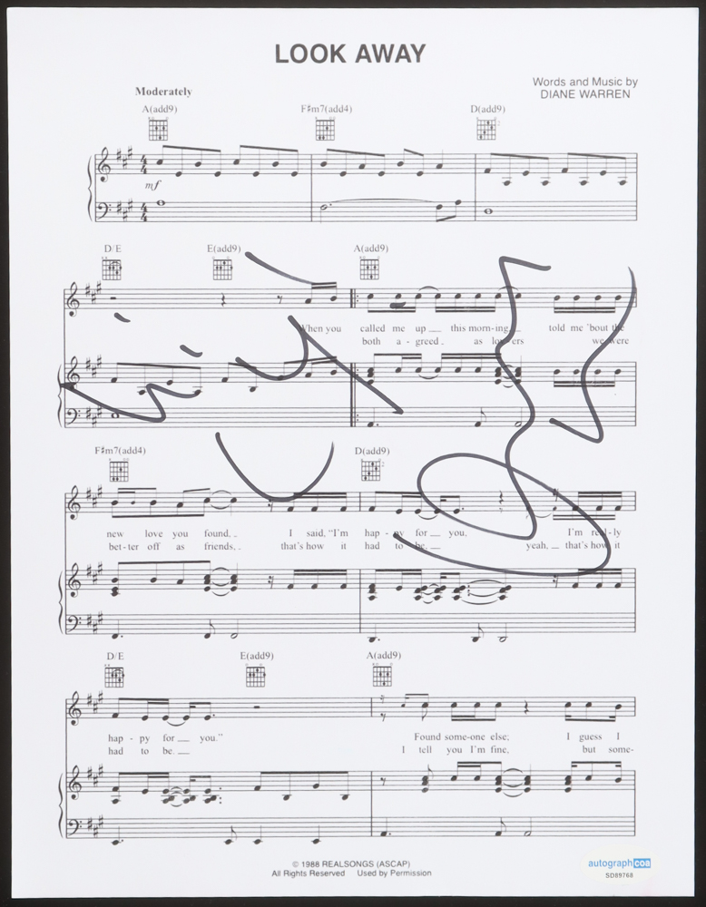 Diane Warren Signed "Look Away" 8.5x11 Music Sheet (ACOA) at PristineAuction.com Diane Warren Signed "Look Away" 8.5x11 Music Sheet (ACOA) at PristineAuction.com