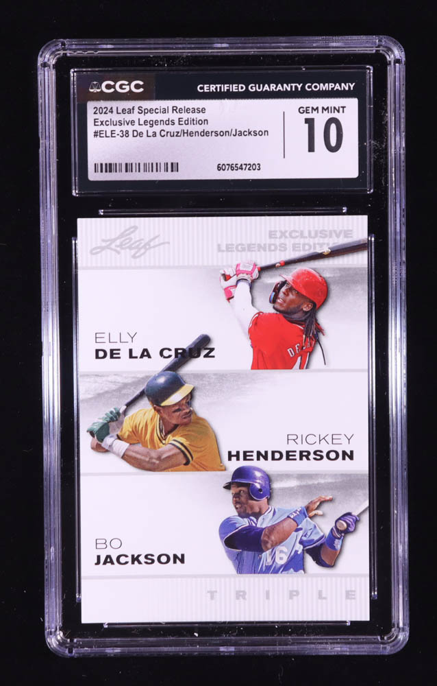 Elly De La Cruz RC / Rickey Henderson / Bo Jackson 2024 Leaf Special Release Exclusive Legends Edition #ELE38 (CGC 10) at PristineAuction.com Elly De La Cruz RC / Rickey Henderson / Bo Jackson 2024 Leaf Special Release Exclusive Legends Edition #ELE38 (CGC 10) at PristineAuction.com