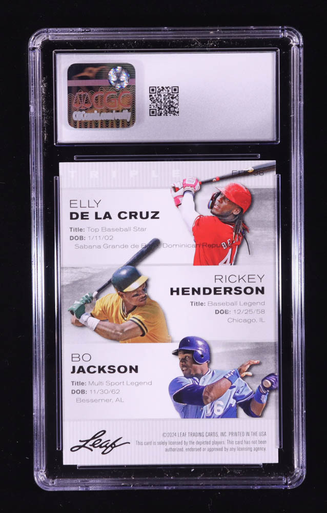 Elly De La Cruz RC / Rickey Henderson / Bo Jackson 2024 Leaf Special Release Exclusive Legends Edition #ELE38 (CGC 10) at PristineAuction.com Elly De La Cruz RC / Rickey Henderson / Bo Jackson 2024 Leaf Special Release Exclusive Legends Edition #ELE38 (CGC 10) at PristineAuction.com