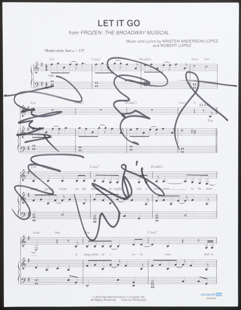Robert & Kristen Anderson Lopez Signed "Let It Go" 8.5x11 Music Sheet (ACOA) at PristineAuction.com Robert & Kristen Anderson Lopez Signed "Let It Go" 8.5x11 Music Sheet (ACOA) at PristineAuction.com