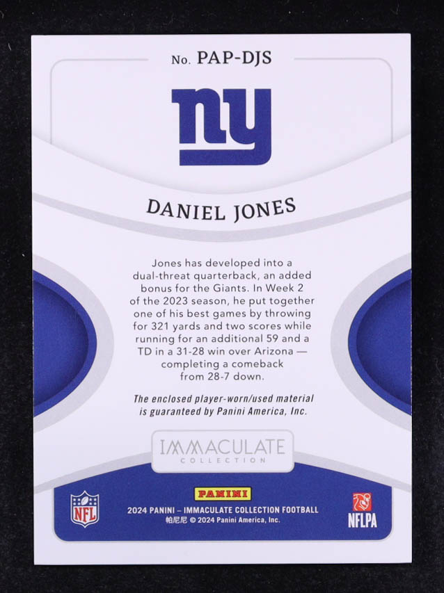Daniel Jones 2024 Immaculate Collection Past and Present Materials #19 #80/99 at PristineAuction.com Daniel Jones 2024 Immaculate Collection Past and Present Materials #19 #80/99 at PristineAuction.com