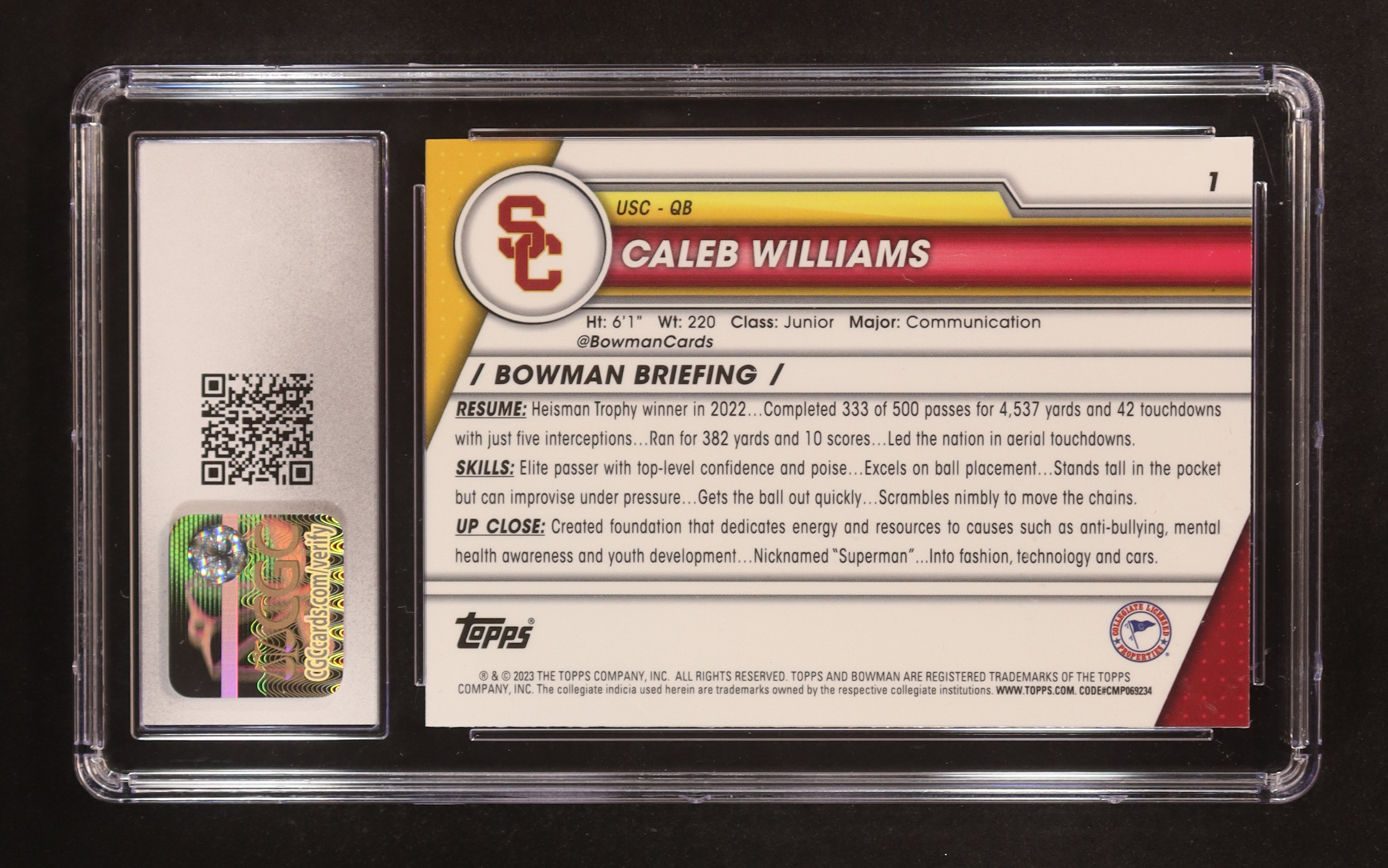 Caleb Williams 2023 Bowman Chrome Sapphire University #1 RC (CGC 10) at PristineAuction.com Caleb Williams 2023 Bowman Chrome Sapphire University #1 RC (CGC 10) at PristineAuction.com