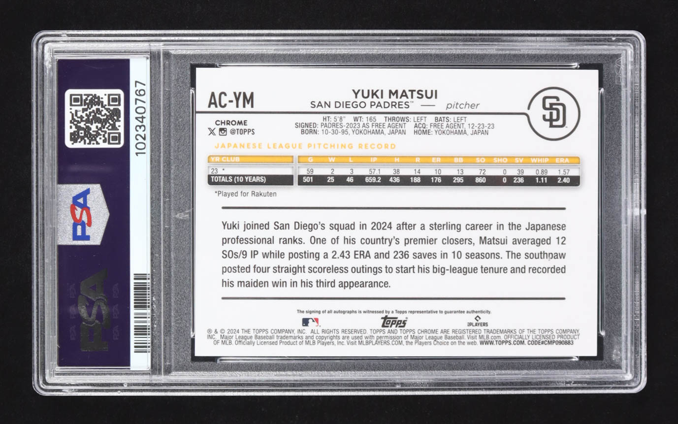 Yuki Matsui 2024 Topps Chrome Update Series Autograph #AC-YM RC (PSA 9) at PristineAuction.com Yuki Matsui 2024 Topps Chrome Update Series Autograph #AC-YM RC (PSA 9) at PristineAuction.com