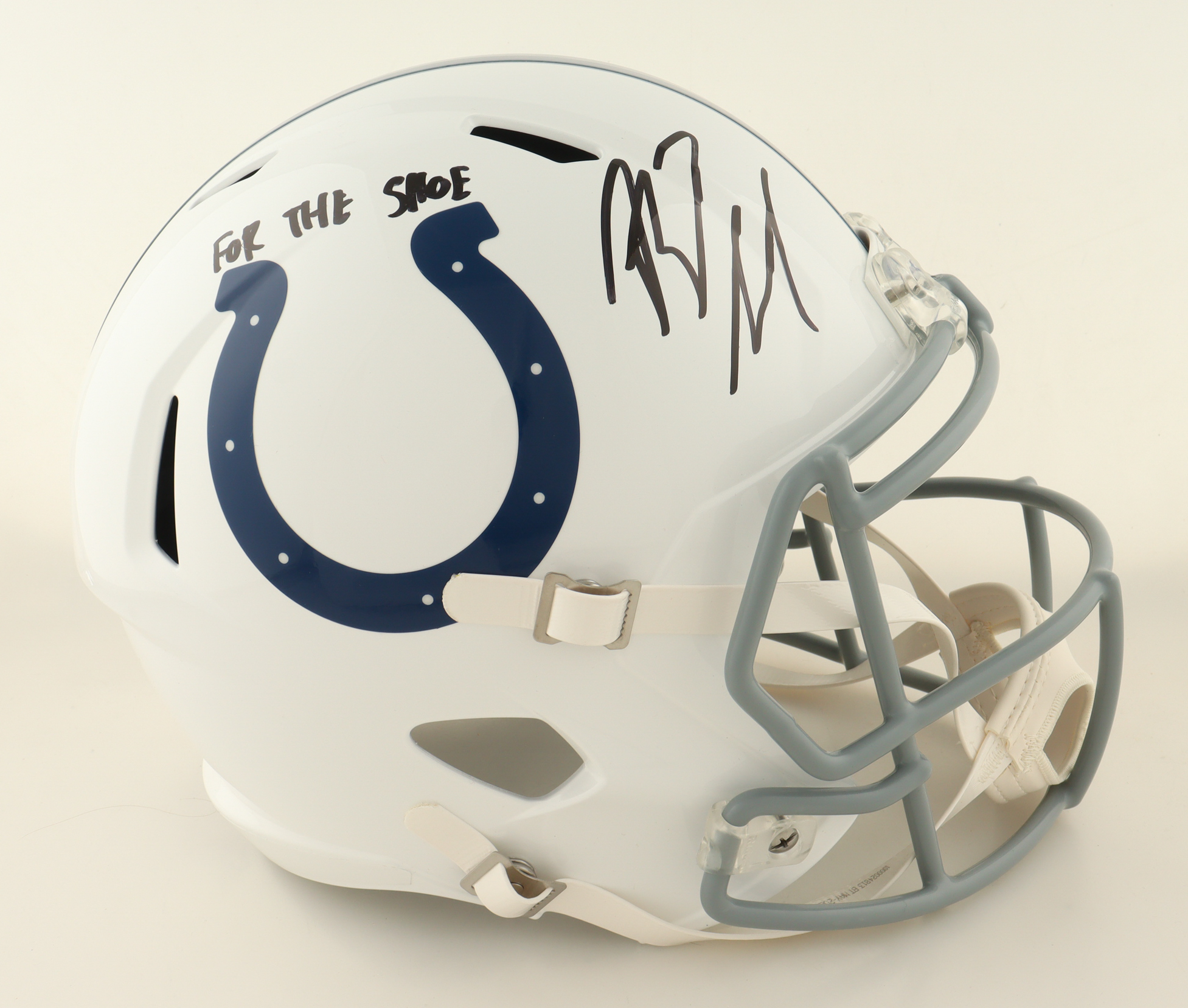 Riley Leonard Signed Colts Full-Size Speed Helmet Inscribed "For The Shoe" (JSA) at PristineAuction.com Riley Leonard Signed Colts Full-Size Speed Helmet Inscribed "For The Shoe" (JSA) at PristineAuction.com