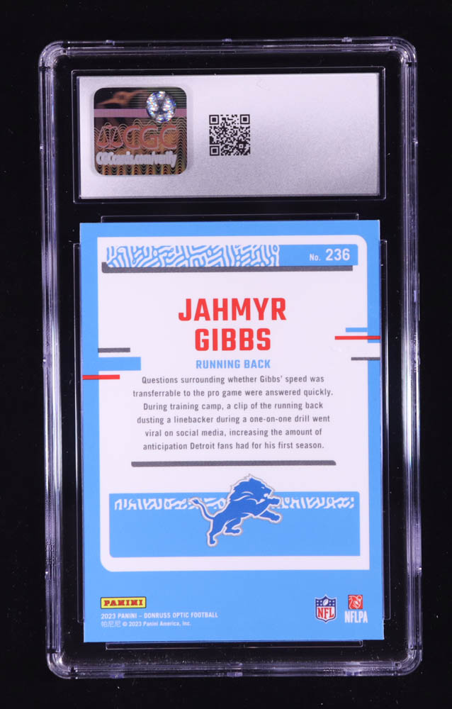 Jahmyr Gibbs 2023 Donruss Optic #236 RR RC (CGC 10) at PristineAuction.com Jahmyr Gibbs 2023 Donruss Optic #236 RR RC (CGC 10) at PristineAuction.com