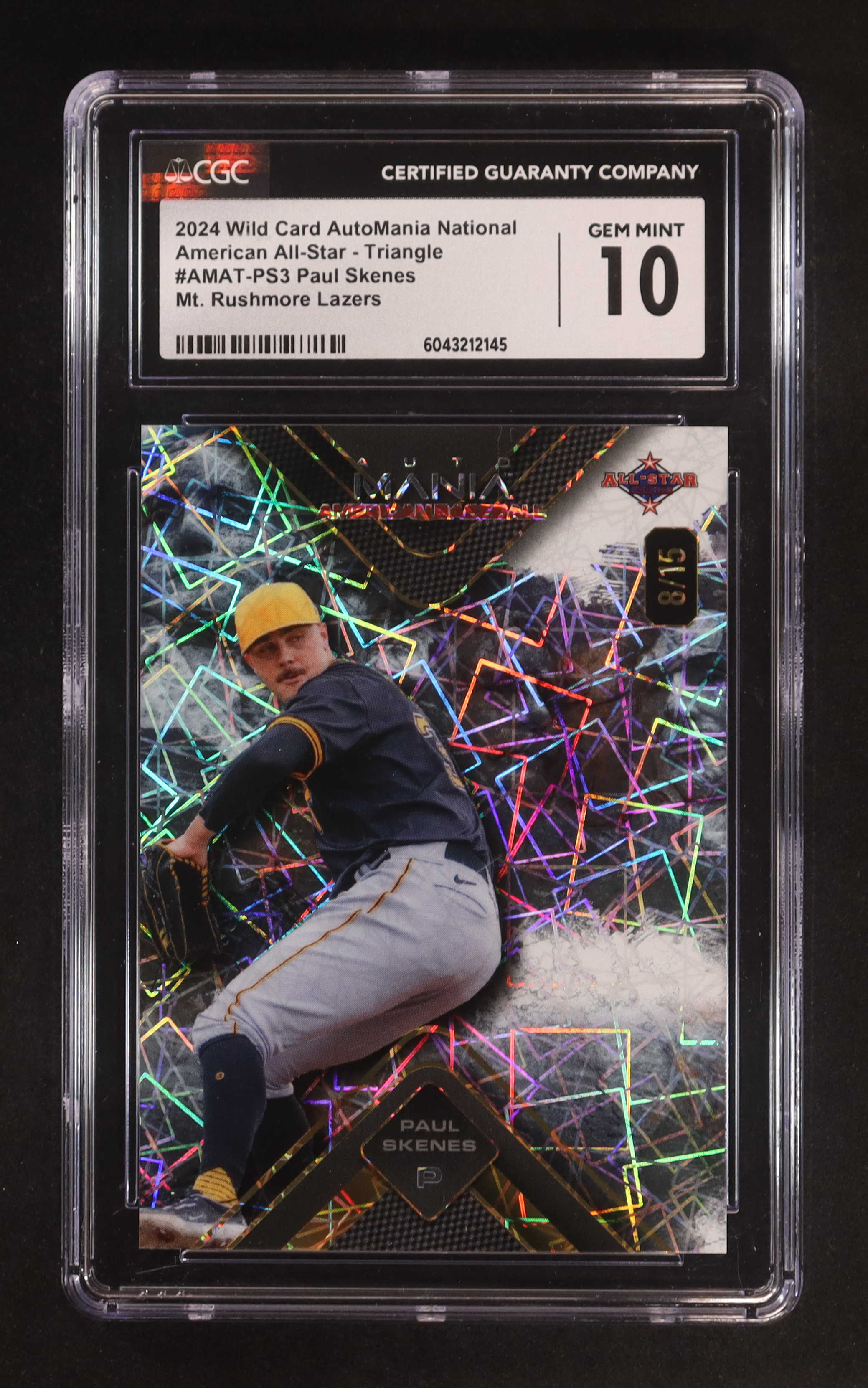 Paul Skenes 2024 Wild Card Auto Mania Triangle Mt. Rushmore Lazer All-Star #AMATPS3 RC #08/15 (CGC 10) at PristineAuction.com Paul Skenes 2024 Wild Card Auto Mania Triangle Mt. Rushmore Lazer All-Star #AMATPS3 RC #08/15 (CGC 10) at PristineAuction.com