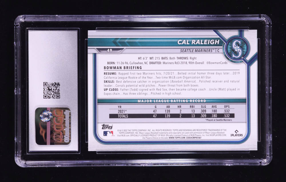 Cal Raleigh 2022 Bowman #49 RC (CGC 10) at PristineAuction.com Cal Raleigh 2022 Bowman #49 RC (CGC 10) at PristineAuction.com