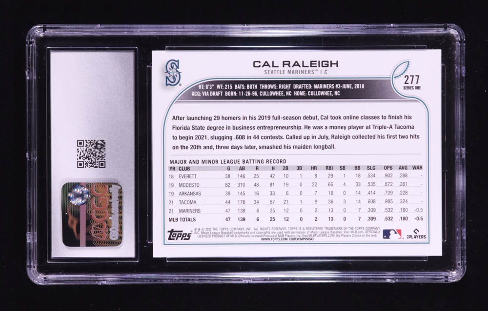 Cal Raleigh 2022 Topps #277 RC (CGC 10) at PristineAuction.com Cal Raleigh 2022 Topps #277 RC (CGC 10) at PristineAuction.com