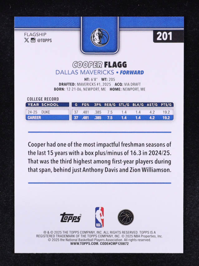 Cooper Flagg 2025-26 Topps #201 RC at PristineAuction.com Cooper Flagg 2025-26 Topps #201 RC at PristineAuction.com